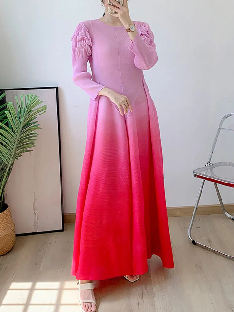 Miyake Pleated Fashion Dress O-Neck Long Sleeve Spliced Ruffles New 2023 Summer Evening Party Clothing Lady Middle East HotSales