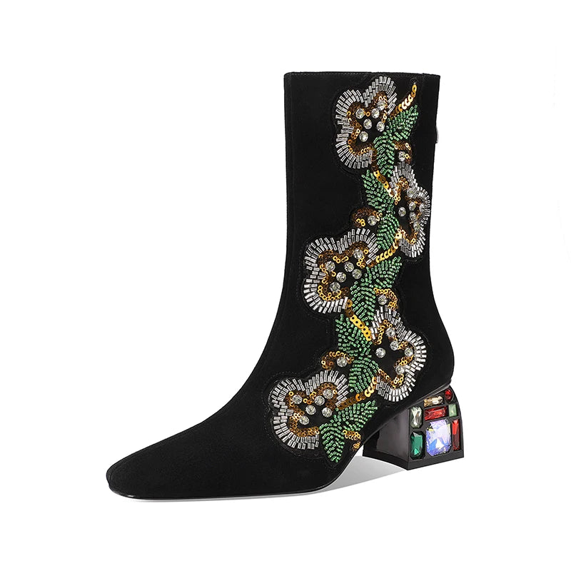 Dilalula 2026 Genuine Cow Suede Ethic Ankle Boots Women Square Toe Crystal Heel Embroider Short Boots Female Beads Dec Footwear