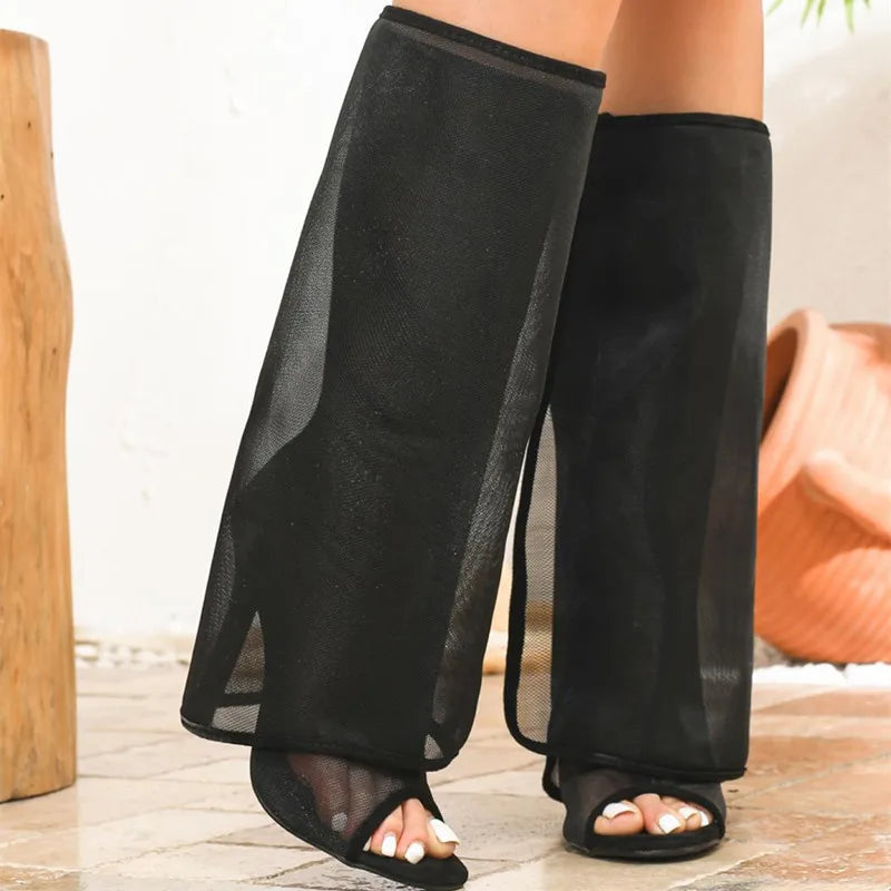 2026 Spring Summer Sexy Peep toe Mesh Women Knee High Boots Fashion 11cm High heels Detachable Zipper Nightclub Boots Shoes