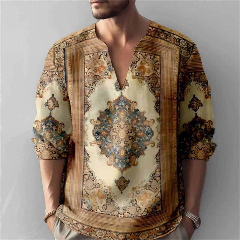 Men's Long-Sleeved Shirt with Retro Print, Stylish Design, Outdoor Casual Henley Collar, Loose Fit, Men's Vacation Top, XS-6XL.
