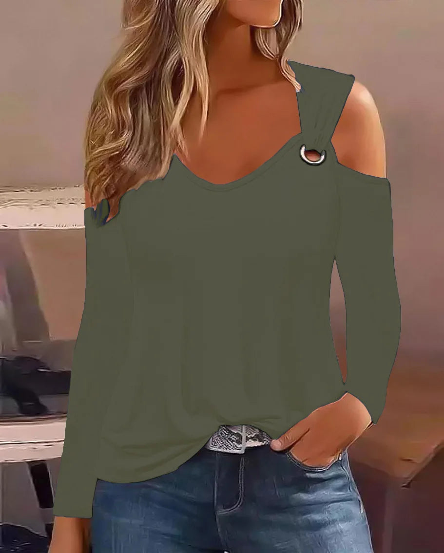 Womens Floral Print Cold Shoulder Long Sleeve Top Ring Strap V Neck Loose Casual Daily Commute Fashion Blouse