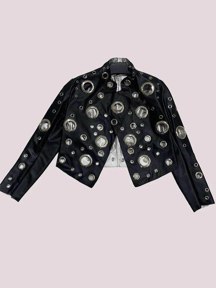 Mauroicardi Spring Short Hollow Out Patchwork Short Pu Leather Jacket Women Cool Luxury Designer European Style Clothes Fashion
