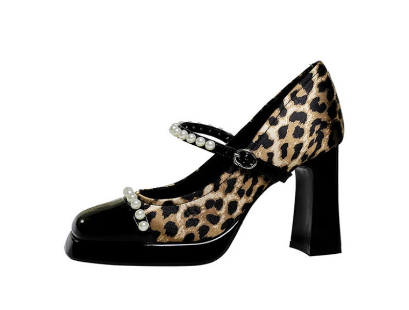 Retro Style Color Block Square Toe Thick Heel High Heels Women's Waterproof Platform Pearl Mary Jane Shoes Casual Fashion