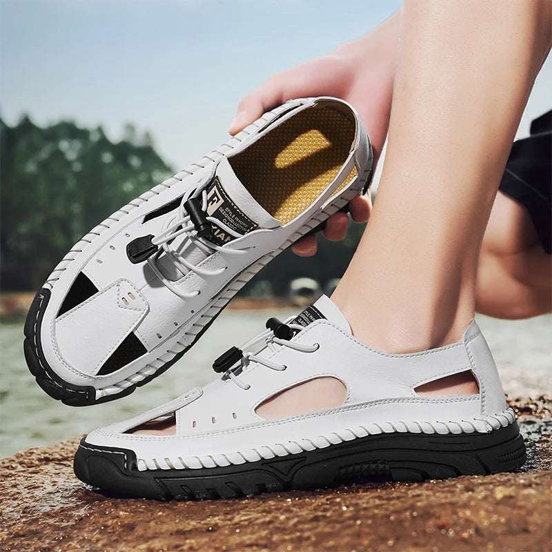Summer Classic White Soft Bottom Handmade Stitching Beach Men's Shoes Outdoor Men's Comfortable Hollow Breathable Casual Shoes