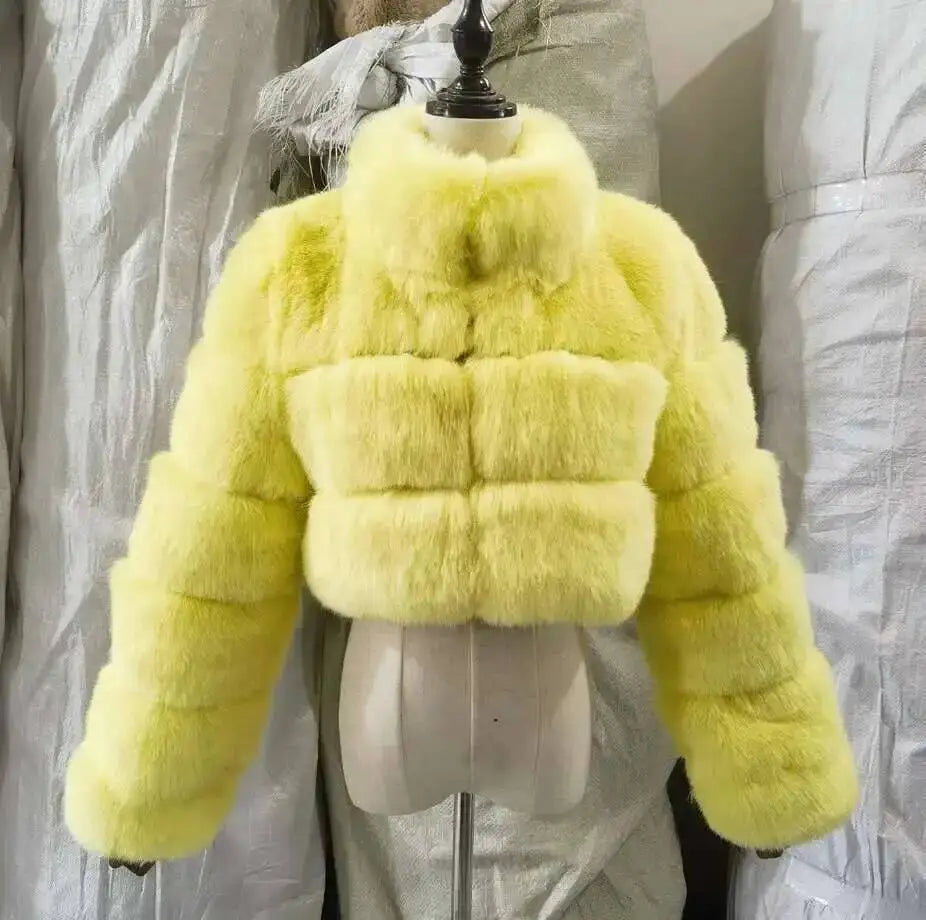 DEAT Fashion Women's Faux Fur Coat Stand Neck Long Sleeve Zipper Short Solid Color Thick Warm Jackets Winter 2024 New 7AB6434