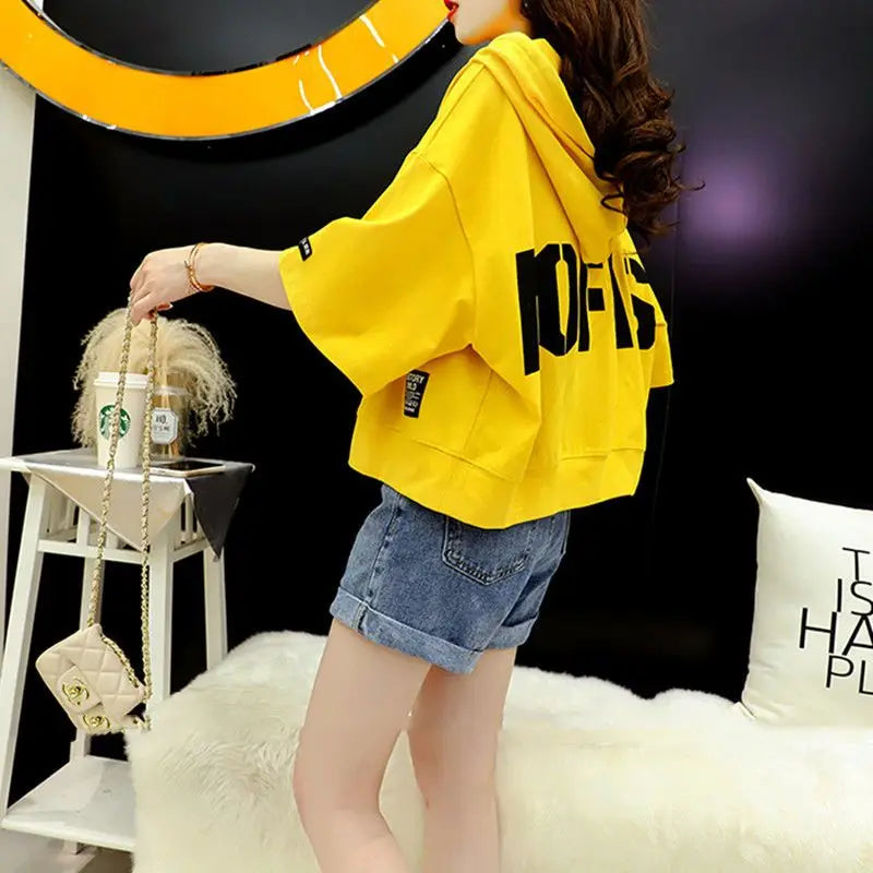 2023 Summer New Letter Printing Hoodies Women Round Neck Short Sleeve Drawstring Short Pullovers Ladies Korean Style Casual Top
