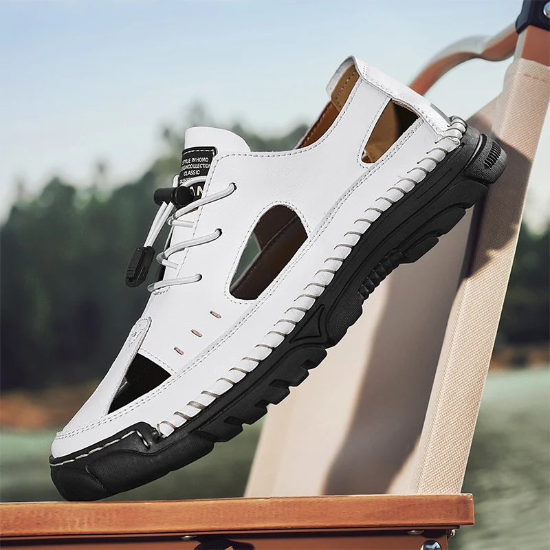Summer Classic White Soft Bottom Handmade Stitching Beach Men's Shoes Outdoor Men's Comfortable Hollow Breathable Casual Shoes