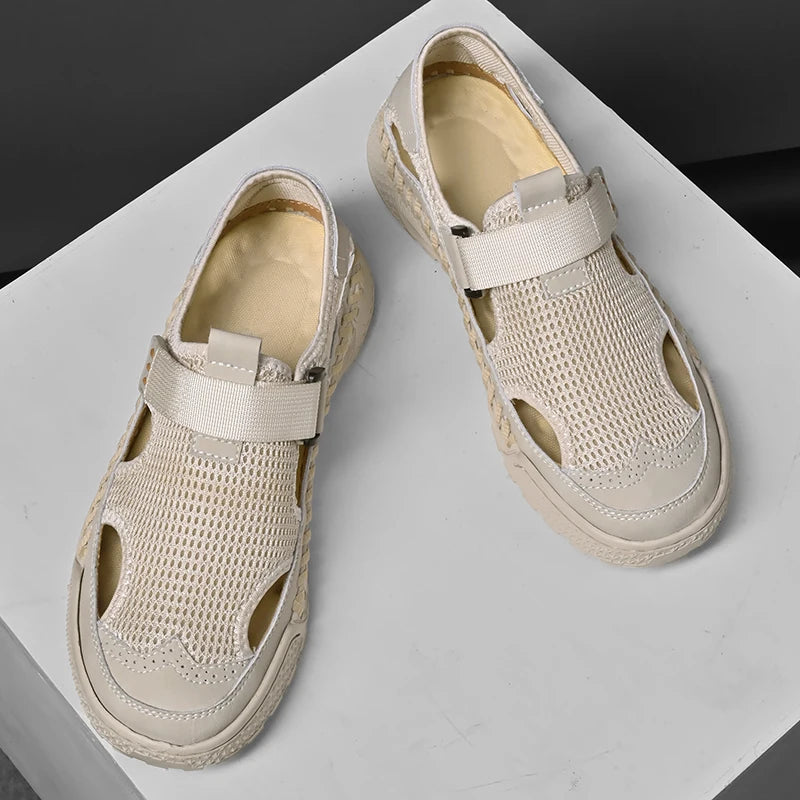 Brand Mesh Leather Men Summer Loafers Breathable Driving Shoes Moccasins Hollow Out Male Cool Lazy Shoe Leisure Walk Men Sandals