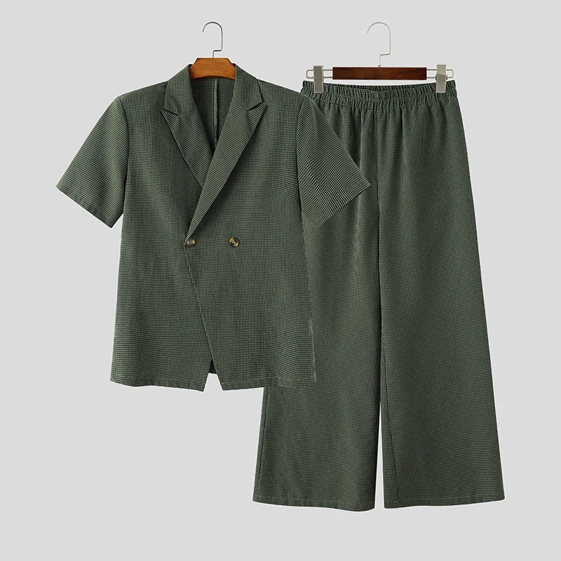 INCERUN Men Plaid Sets Lapel Short Sleeve Blazer Wide Leg Pants Two Piece Sets Streetwear Elegant 2026 Fashion Men Matching Sets