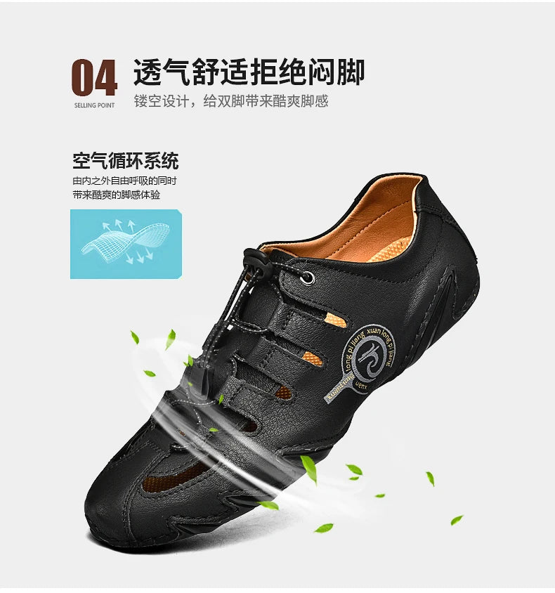 Men's slippers flat bottomed beach breathable genuine leather business casual non slip lightweight hollow out outdoors sandals