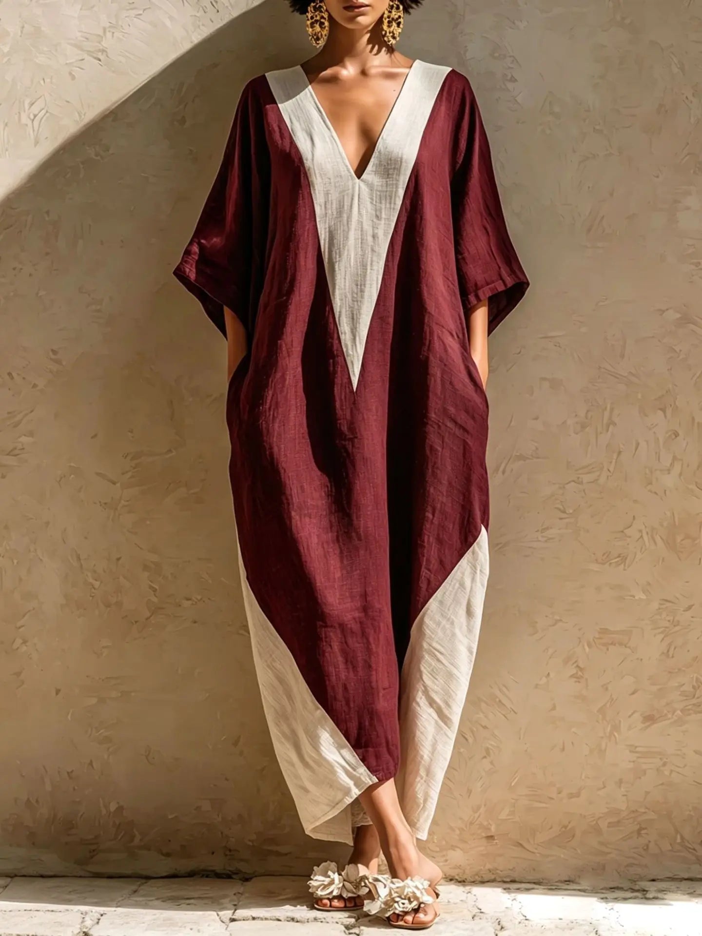 Summer Women Cotton Linen Long Dress 2026 Color Blocking Patchwork Batwing Sleeve V Neck Loose Pocket Dress Beach Sundress