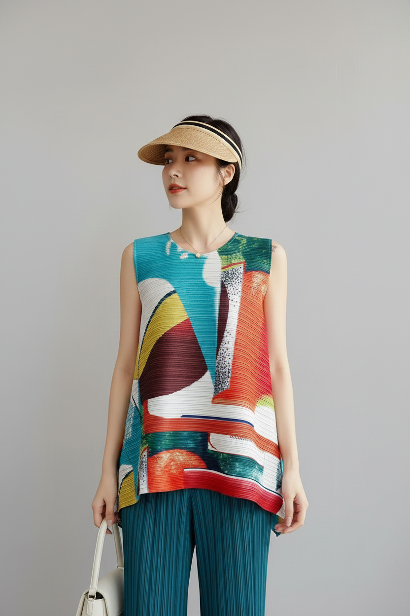 Woman Top Clothes Miyake Pleated Fashion Age-reducing Printed Vest top Large Size T-shirt Short Loose Design Shirt Summer