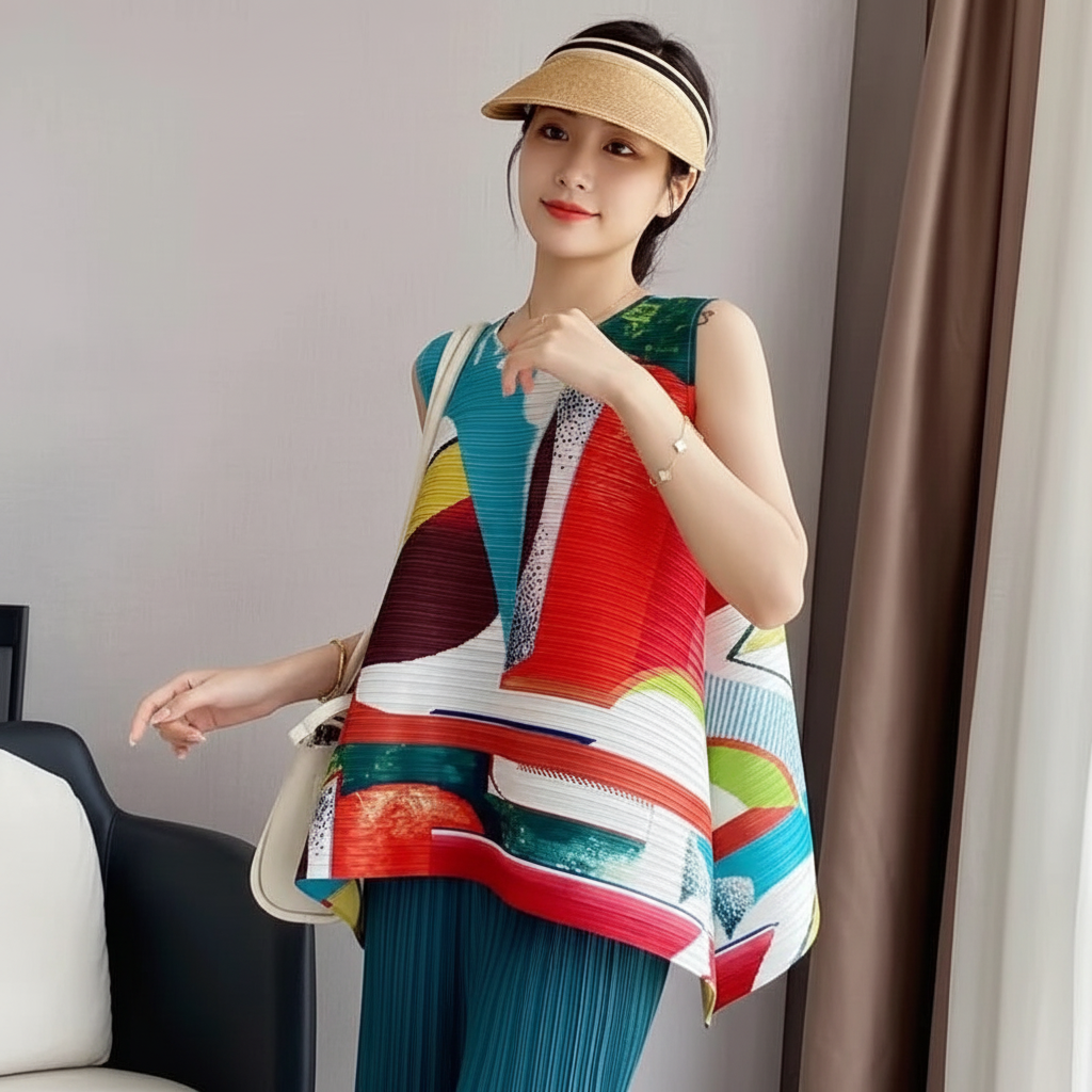 Woman Top Clothes Miyake Pleated Fashion Age-reducing Printed Vest top Large Size T-shirt Short Loose Design Shirt Summer