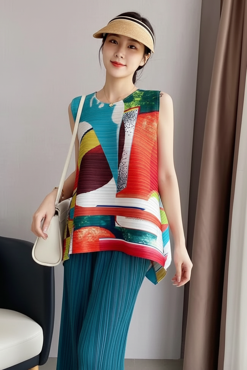 Woman Top Clothes Miyake Pleated Fashion Age-reducing Printed Vest top Large Size T-shirt Short Loose Design Shirt Summer