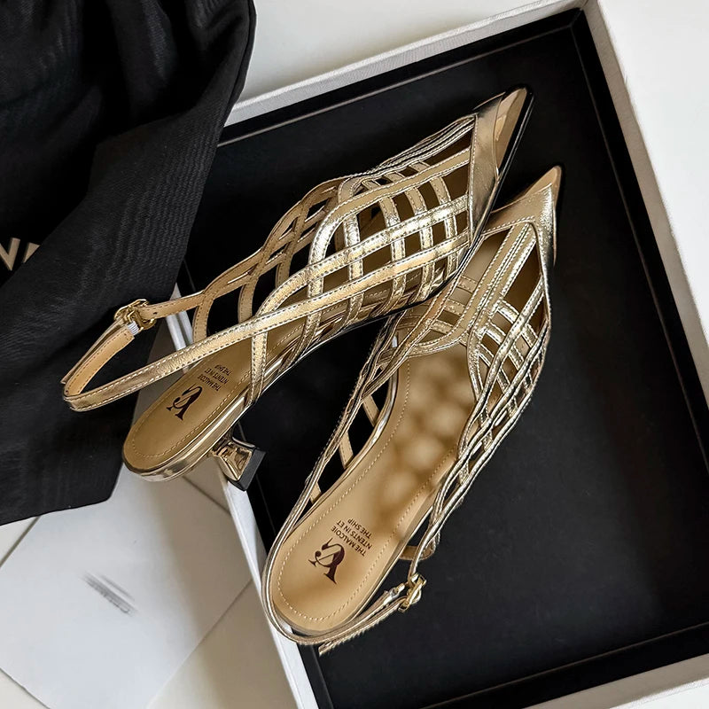 Sexy Real Leather Sandals Women Covered Metal Head Toe Narrow Band Sandals Ladies Party Dating Summer Med Heels