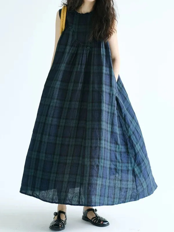 Summer 2026 Large Size Cotton Linen Plaid Vest Skirt Long Svel Dr Chest Splicing Wooden  Ear A-Line Dr