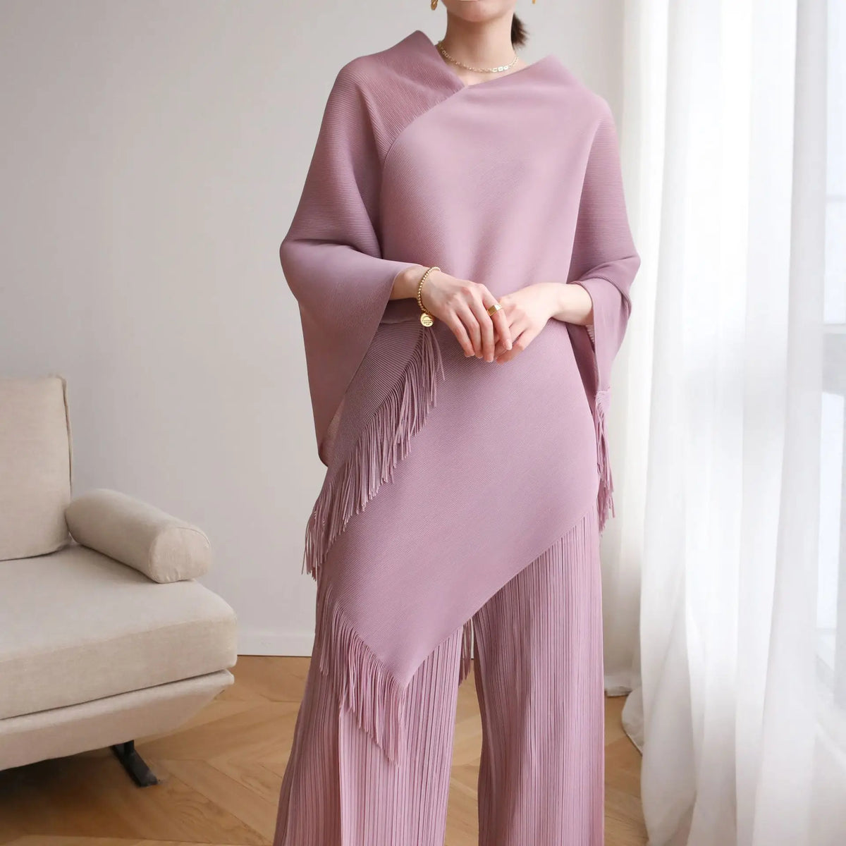 ALSEY Miyake Pleated Fringe Sleeveless Simple Shawl Jacket Autumn Spring New Light Luxury Solid Color Irregular Tops for Women's