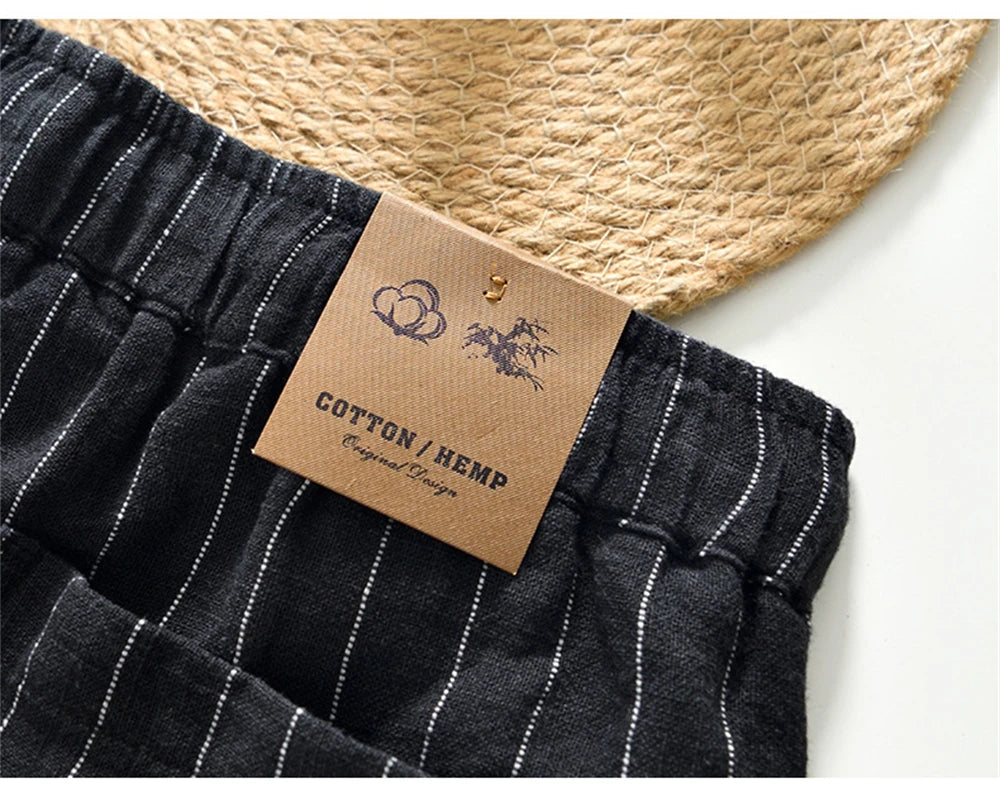 Summer cotton linen men's beach shorts loose fit breathable ramie striped straight daily causal pants for men