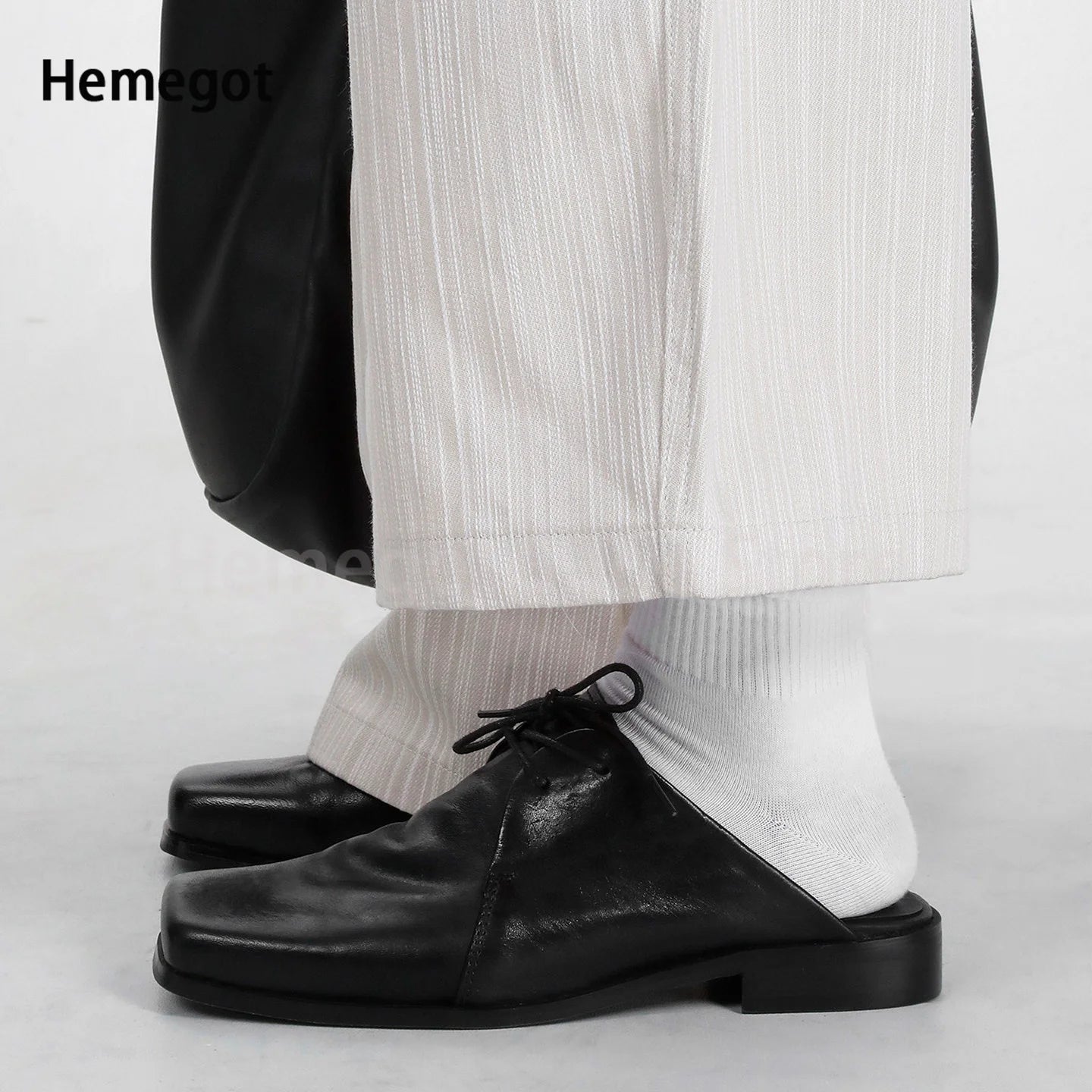Black Leather Mules Slippers Men's Shoes Square Toe Lace-Up Flats Wear-Resistant Solid Color Casual Shoes Handmade Men's Shoes