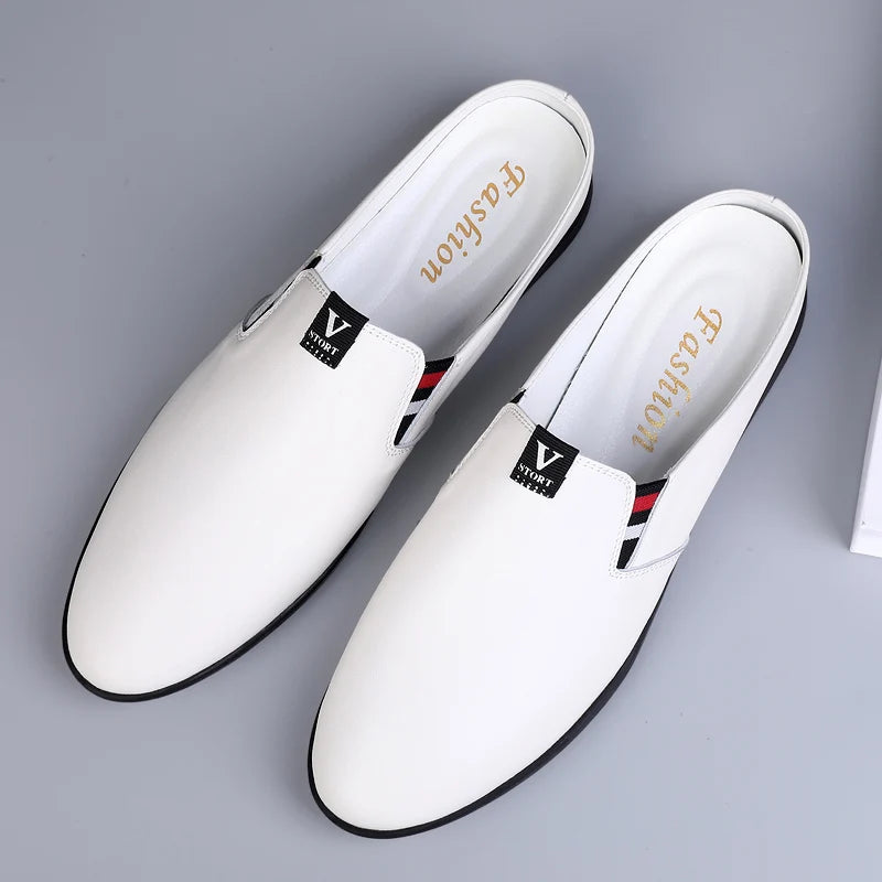Men's Leather Black Half Leather Shoes Fashion Non-slip Half Trailer Men Sandals Moccasin Breathable Soft Flats Men Driving Shoe