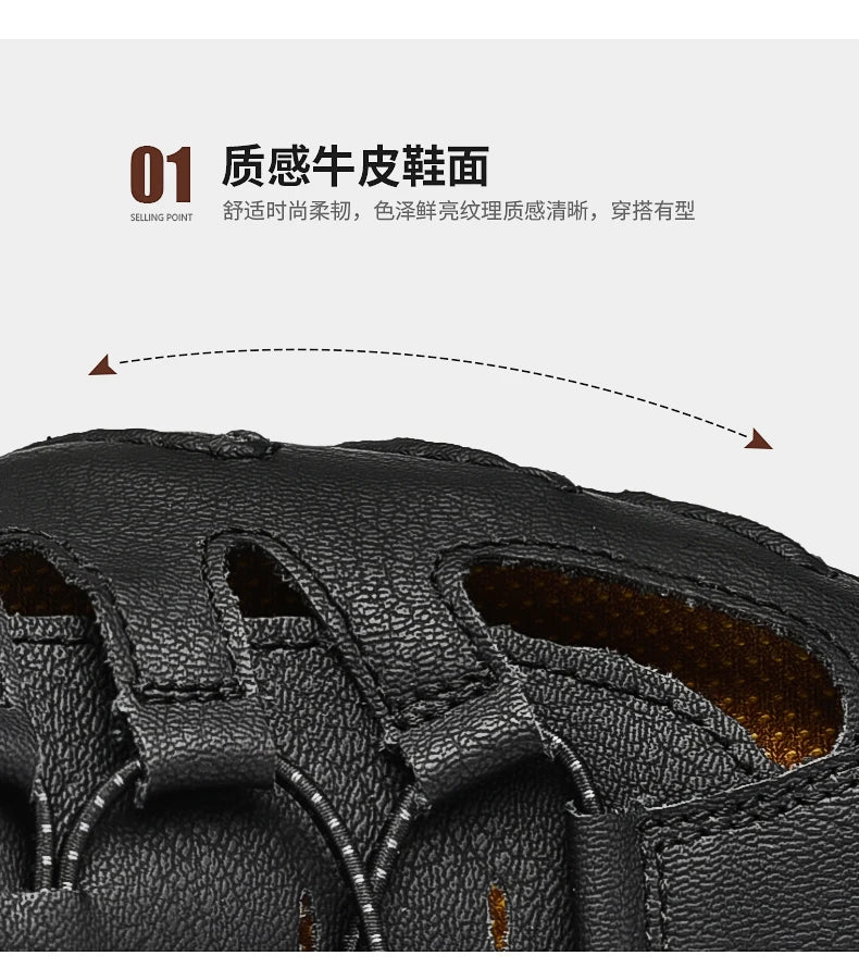 Men's slippers flat bottomed beach breathable genuine leather business casual non slip lightweight hollow out outdoors sandals
