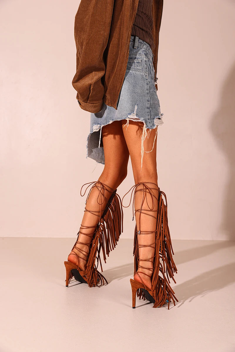 Summer Sandals cow suede leather tassel women sandal peep toe sexy lace up knee high shoes US size