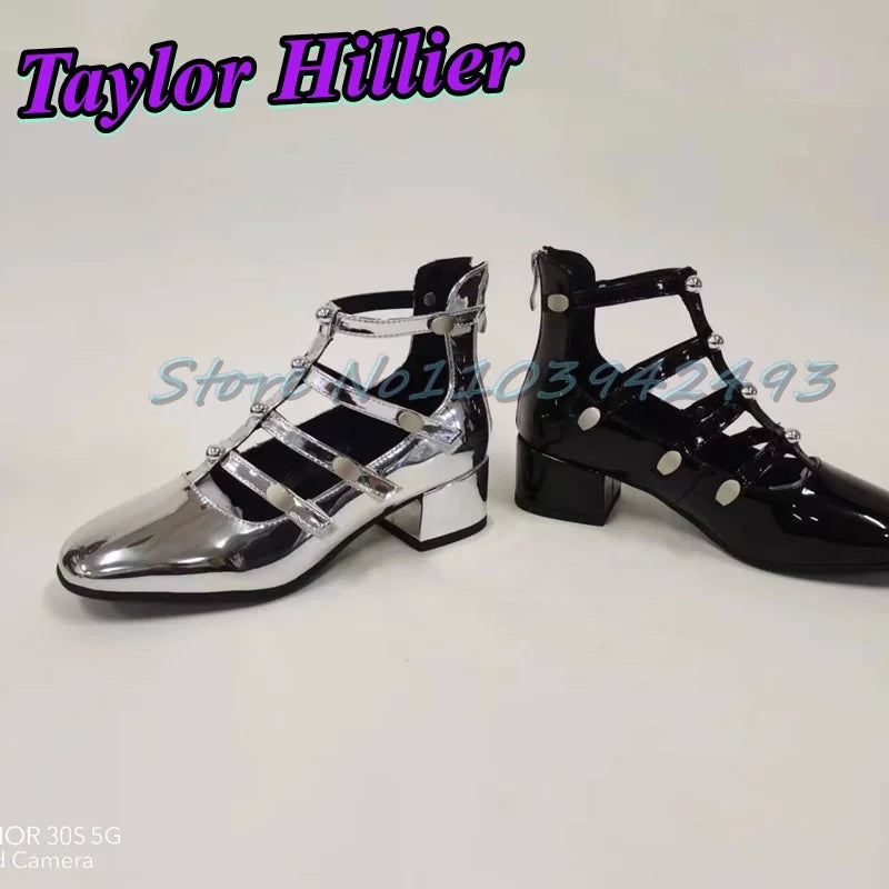 Gladiator Green Heeled Sandals Rivets Women Designer Luxury Shoes Patent Leather Solid Sandalias De Mujer Roman Strappy Palace