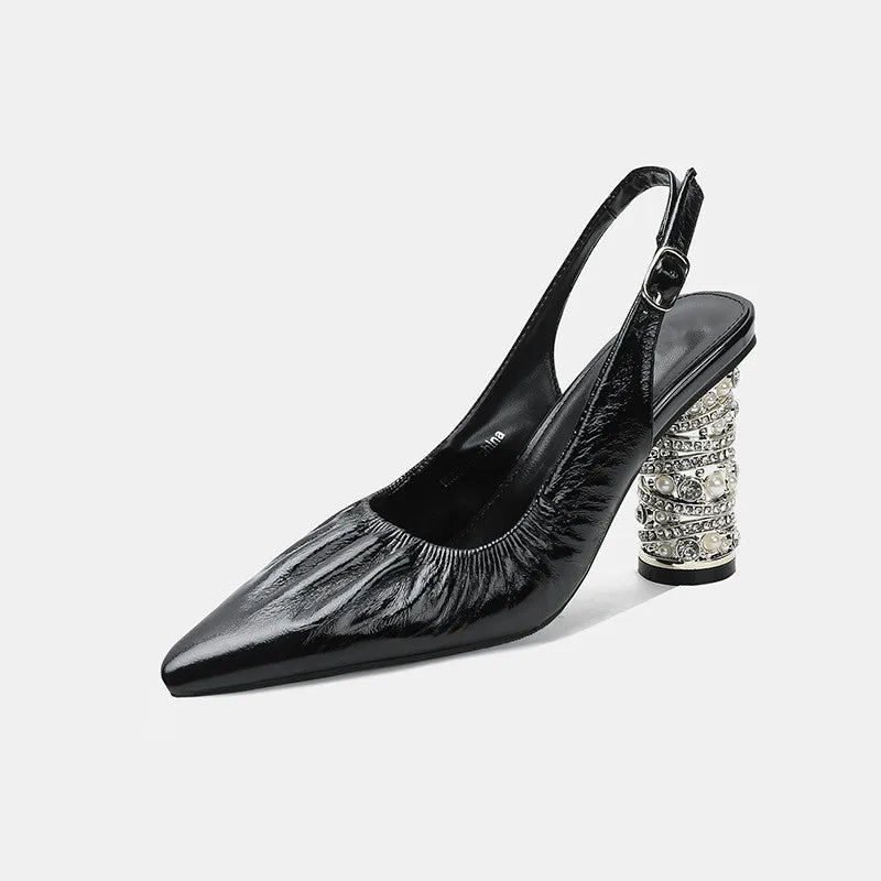 Luxury Pearls Rhinestones Genuine Leather Women Pumps Elegant Pointed toe Pleated Slingbacks High heels Female Party Dress Shoes