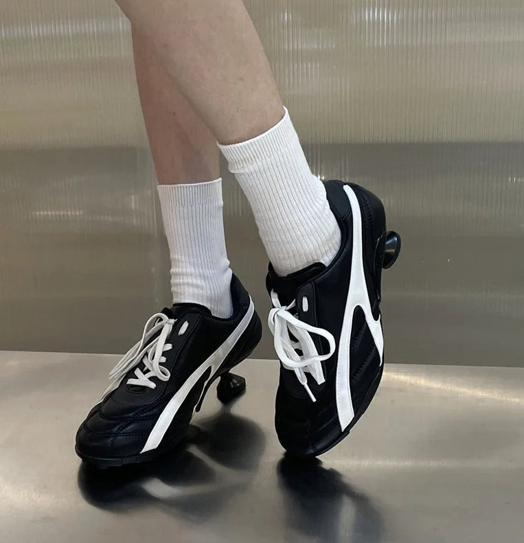 Ins style Fashion Mixed-color Patchwork Soft Leather Women High heels sneakers Autumn Winter Casual Lace-up Novelty Sporty Shoes