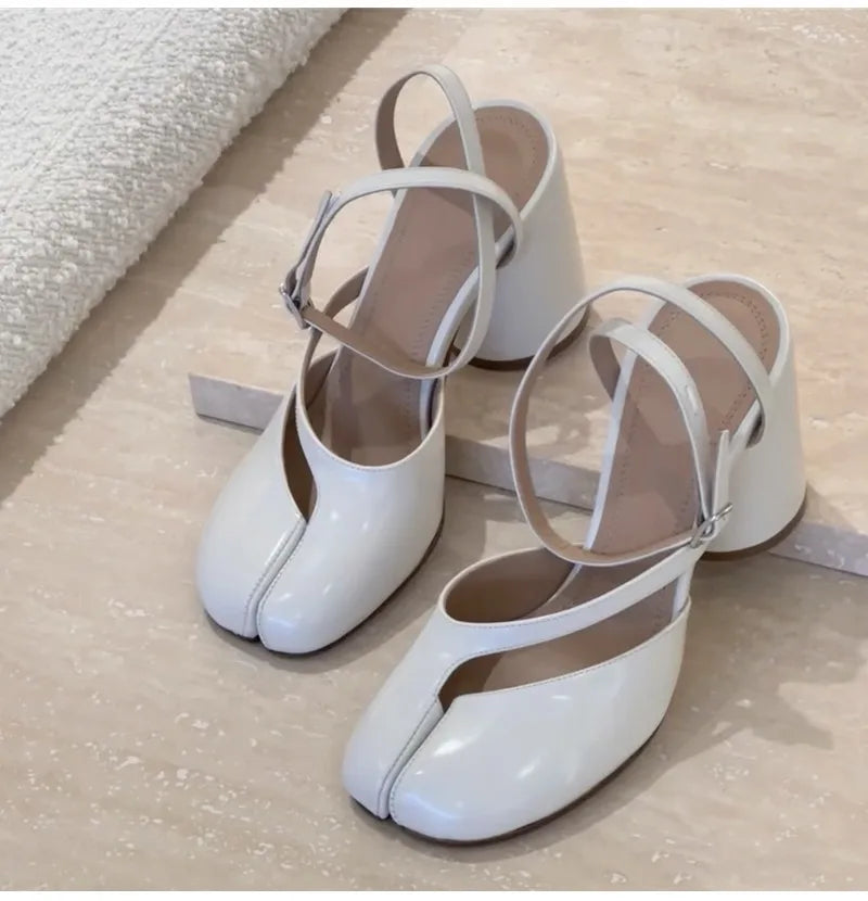 Ins style Fashion Patent Leather Split Toe Women Pumps Spring Summer Thick High heels Slingbacks Female Tabi Chunky Casual Shoes