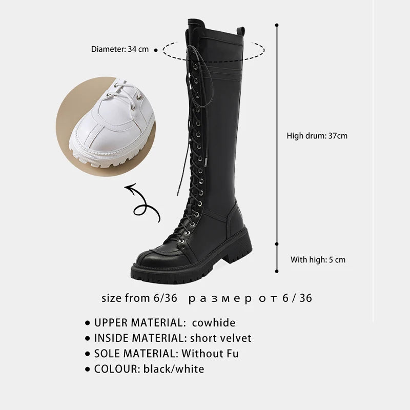 Ods Genuine Leather Women's High Knee Boots Winter Shoes Sexy Lace Up Black White Low Heels Party Shoes Girls Large Size 414243