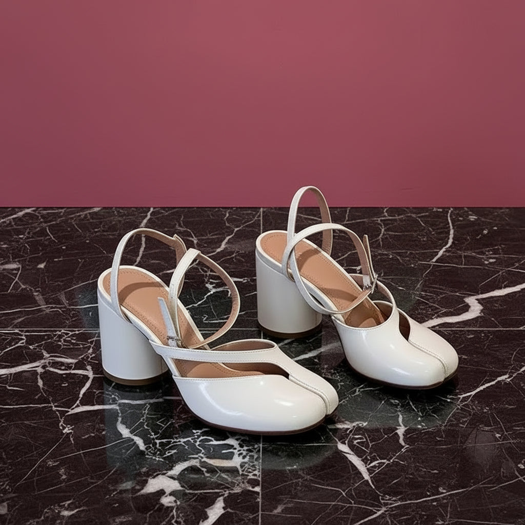 2025 New Fashion Patent Leather Cross Strap Tabi Women Sandals Summer Slingbacks Split toe Thick High heels Chunky Shoes Sandals