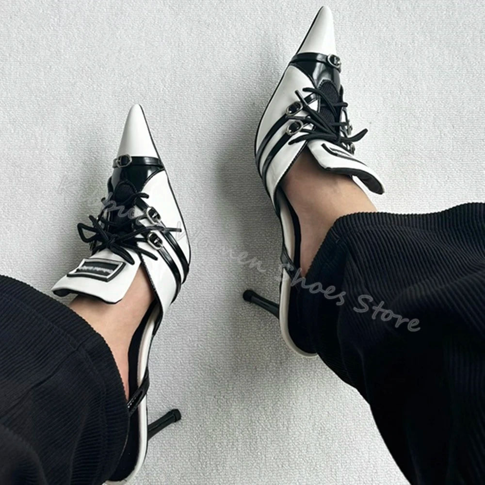 Mixed Color Pumps Lace-Up Pointed Toe Thin Heels Genuine Leather Slip-On Novelty Fashion Concise Sexy Party Women Shoes Newest