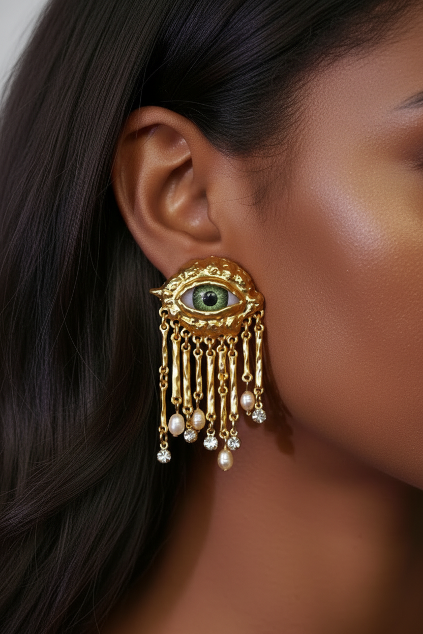 French Retro Unique Personality Exaggerated Eyes And Earrings Pearl Rhinestone Tassel Earrings Women's Jewelry Party Accessories