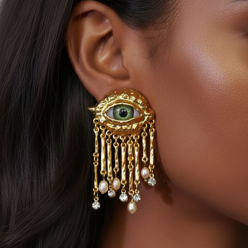 French Retro Unique Personality Exaggerated Eyes And Earrings Pearl Rhinestone Tassel Earrings Women's Jewelry Party Accessories