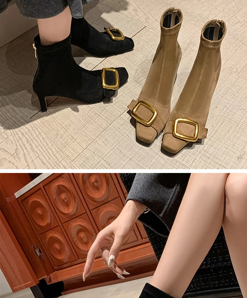 Ods Personalized Low-heeled Fashion Boots for Fall/winter New Pointed Metal Square Buckle Back Zipper Stretch Thin Ankle Boots42
