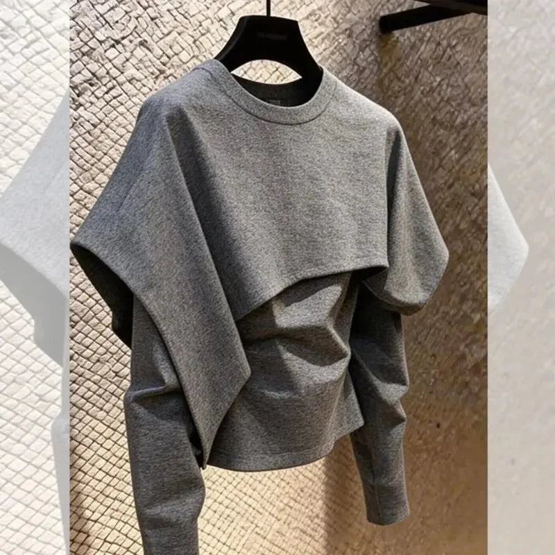 Limiguyue Spring Autumn Gray Pullover Shirts Women Daily Trendy Splice Long Sleeve Tops Loose Irregular Blouse Designer 180B