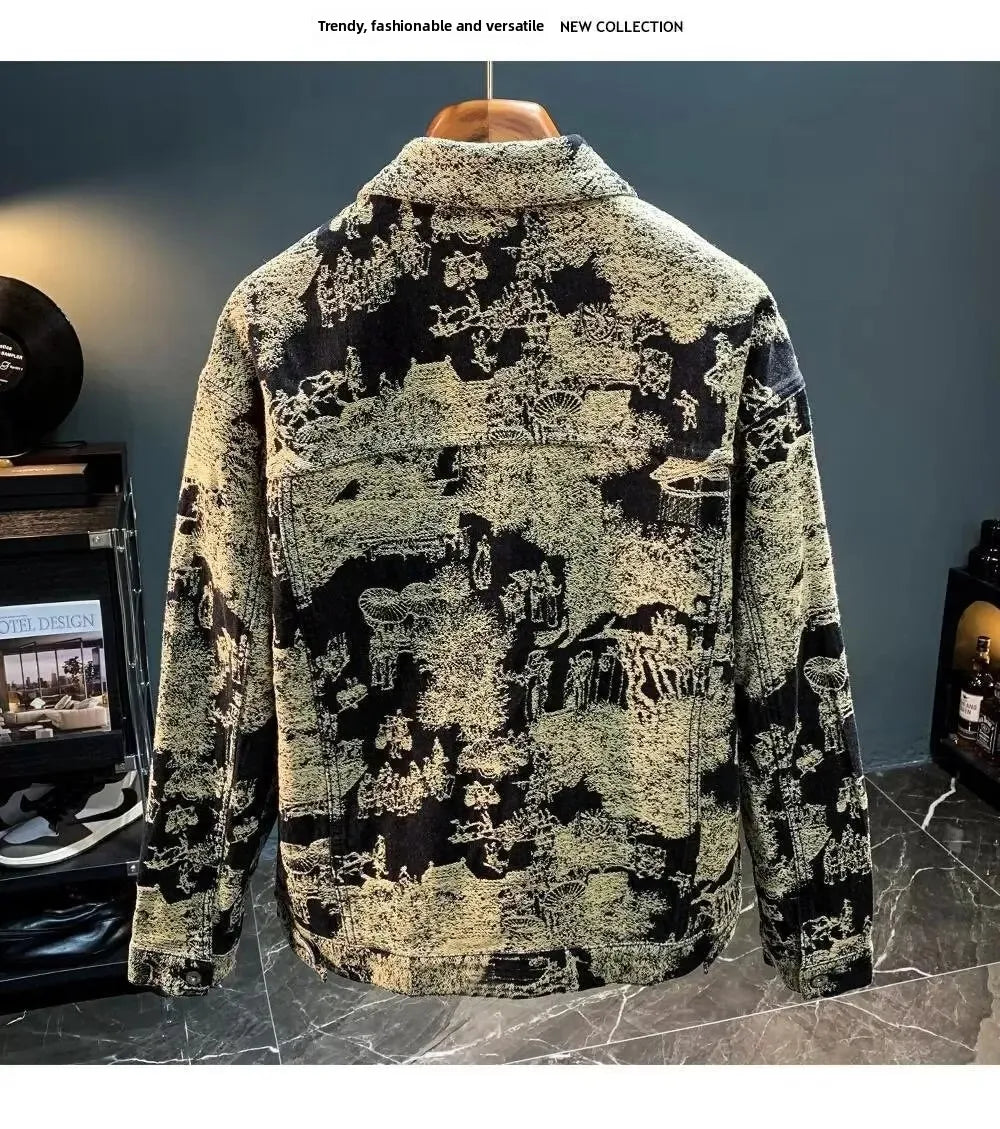 Retro Camouflage Loose Men's Jacket Long Sleeve Embroidered Denim Coat Fashionable Trendy Outerwear Comfortable Fit Male Coat