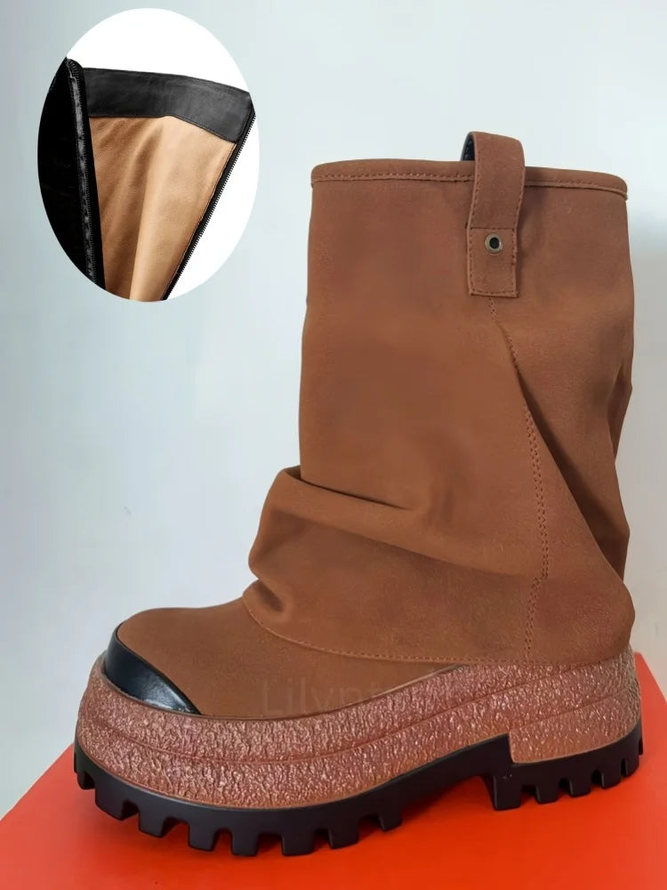 Women's Chunky Leather Flats & Knee Boots - Square Toe Loose Fit Spring-Autumn Casual Shoes with Pleated Pants