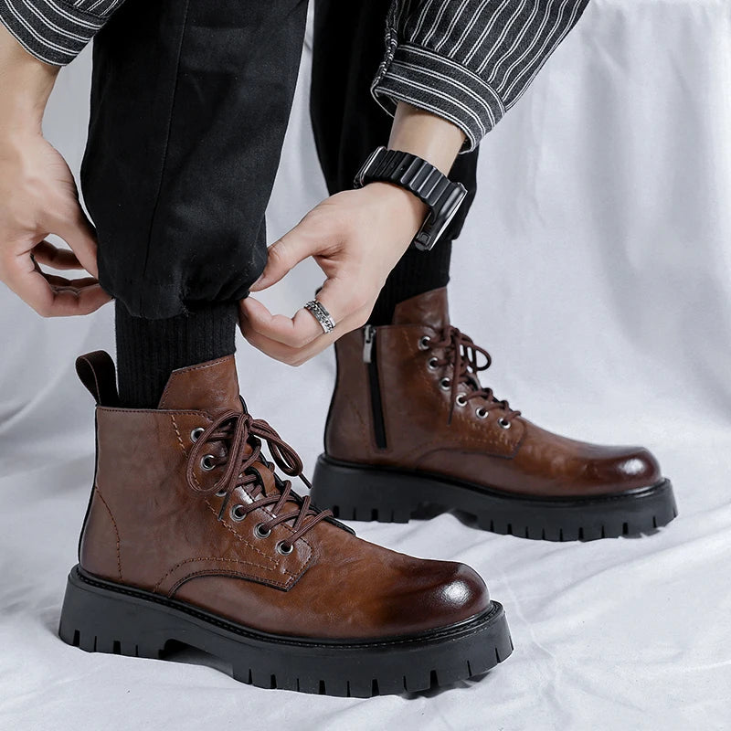 New Fashion Lace Up Casual Mens Boots Mens Thick Sole Ankle Boots Trendy Comfortable Mens Classic Black/Brown Motorcycle Boots