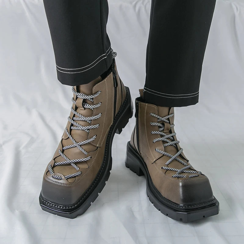 Autumn New Men Comfortable Lace Up Side Zipper High Top Leather Shoes Fashion Brand Round Toe Thick Soled Non Slip Outdoor Boots