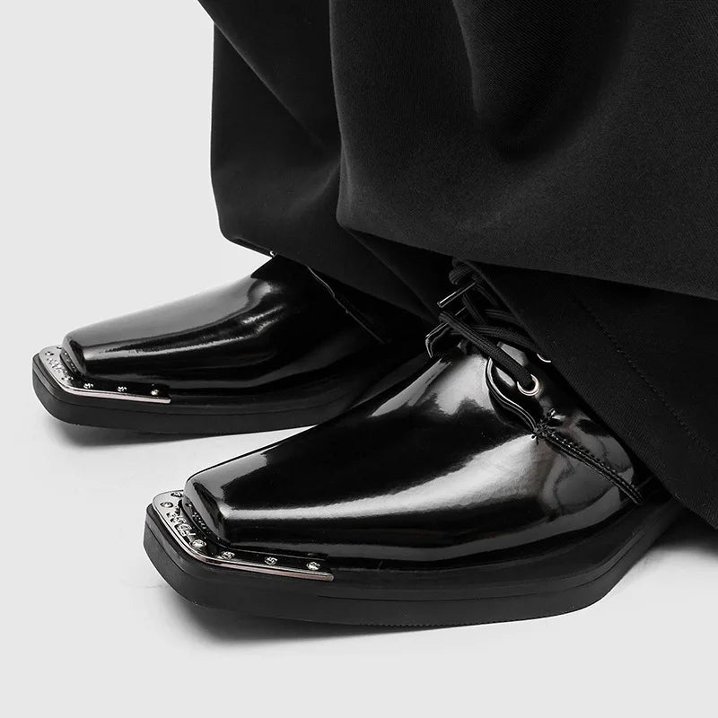 Metal Square Toe Derby Shoes Fashionable Thick Soled Lace Up Design Upturned Toe Thick Heel Trendy Men's Casual Leather Shoes