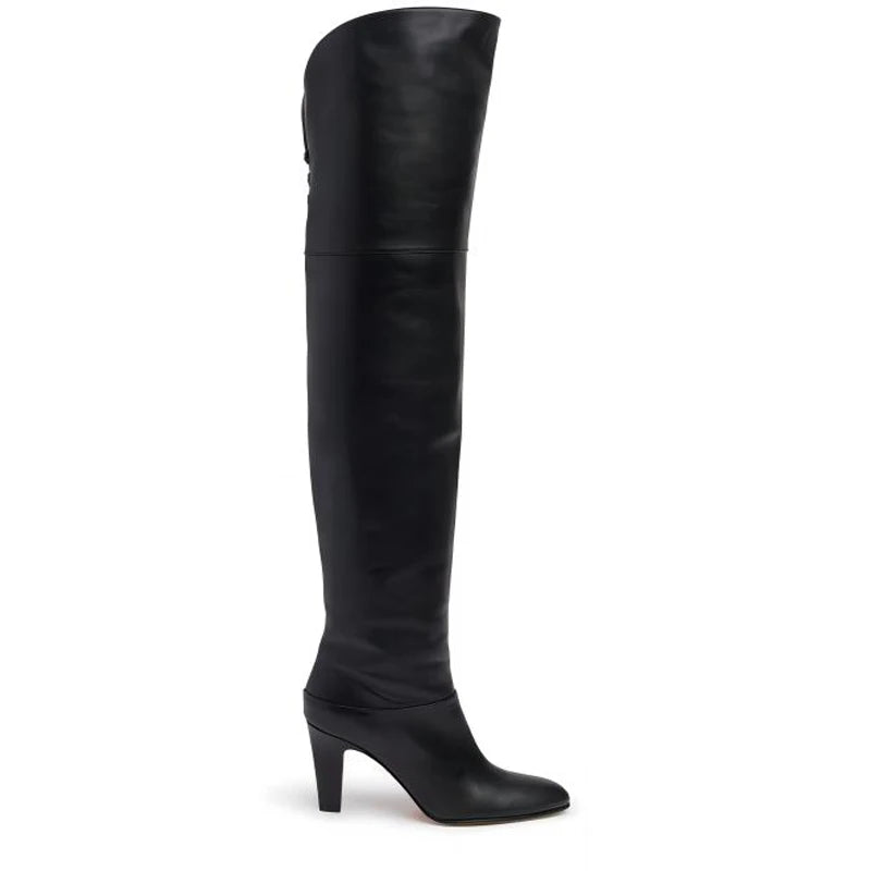 Elegant Leather Over The Knee Pleated Boots. Trendy Sexy Pointed Toe Stiletto.
