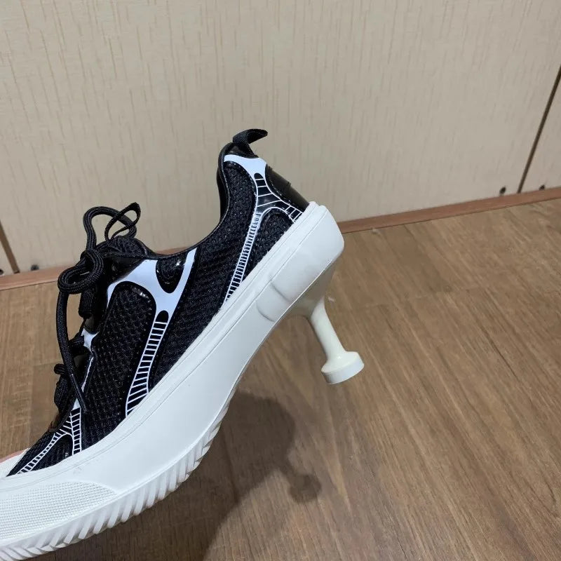 Summer Adult Girls High Heeled Dad Shoes Women Spring Versatile Breathable Lace up Casual Shoes Fashion Sports Mesh High Heels