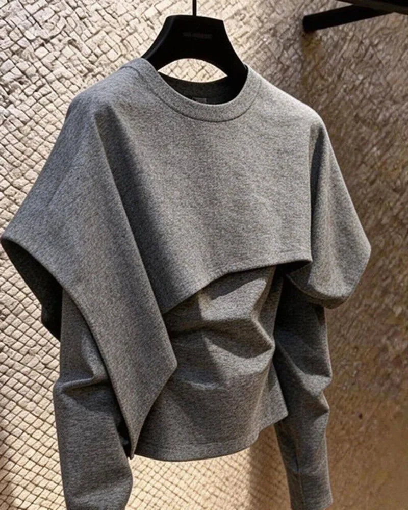 Limiguyue Spring Autumn Gray Pullover Shirts Women Daily Trendy Splice Long Sleeve Tops Loose Irregular Blouse Designer 180B