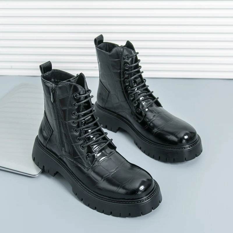 Luxury Brand Men's Autumn and Winter Crocodile Leather Side Zipper High Top Boots Fashionable New Men's Comfortable Short Boots