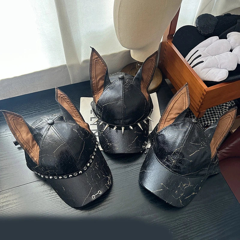 New Niche Punk Leather Rivet Dog Ears Baseball Caps Spring Autumn Men Women Personality Adjustable Trendy Sunshade Hip Hop Hats