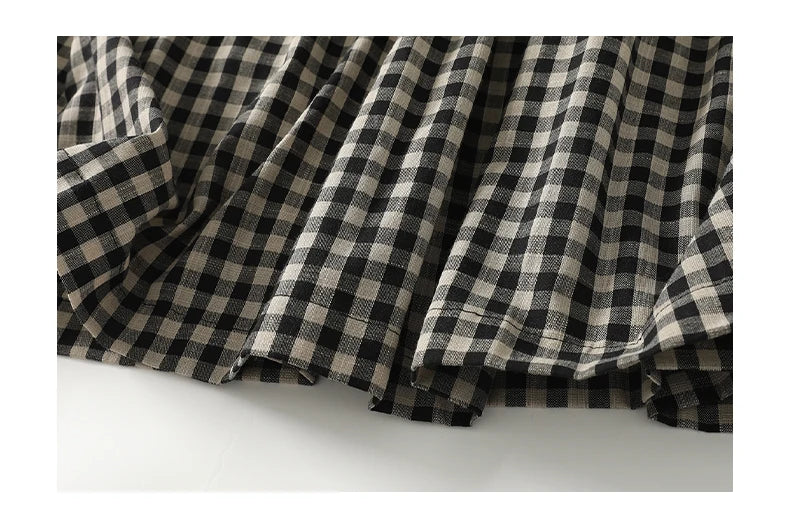 Retro Japanese Sle Linen Plaid Vest Dr Women Summer Loose Cotton Linen Svel Midi Dr A-Line Skirt round Ne