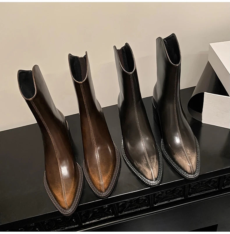 Ods New Women Genuine Leather Pointed Toe Knee High Boots Black White Brown Side Zipper Female Shoes Thick Heel Plus Size 42