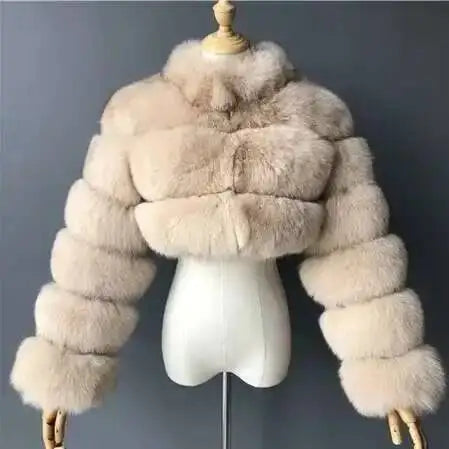 DEAT Fashion Women's Faux Fur Coat Stand Neck Long Sleeve Zipper Short Solid Color Thick Warm Jackets Winter 2024 New 7AB6434